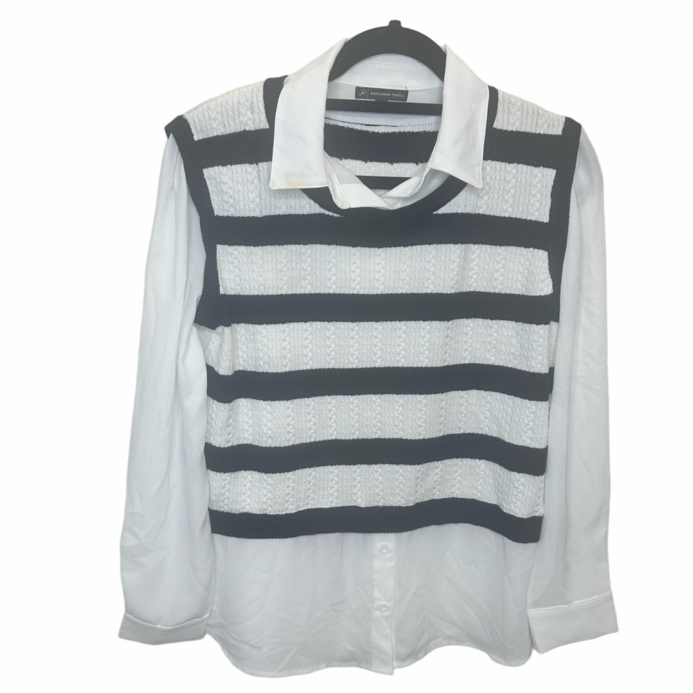 Adrianna Papell V-Neck Twofer Navy Blue & White Sweater Size XSmall